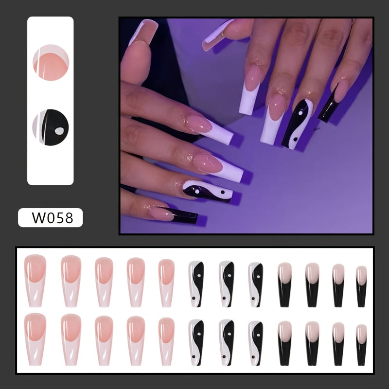 Long Ballerina Press On Nails With Tai Chi Designs, Nude White Coffin Fake Nails, Glossy False Nails For Women And Girls, 24 Pcs
