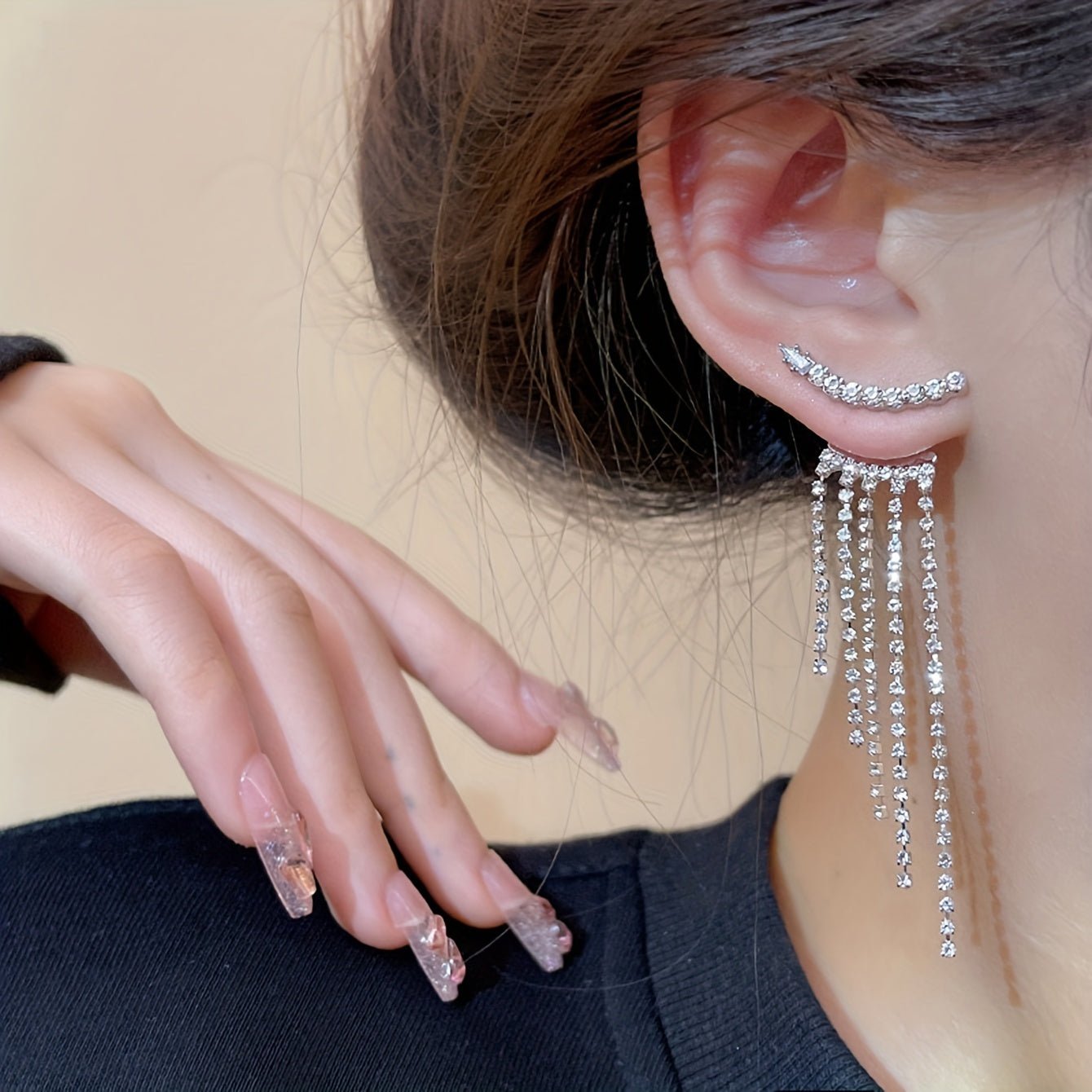 Luxurious Copper Silver Plated Tassel Dangle Earrings - Sparkling Inlaid Design, Elegant Chain Detail, Banquet-Worthy Ear Ornaments for Special Occasions - Hypoallergenic, Nickel-Free, and Durable Jewelry for Women