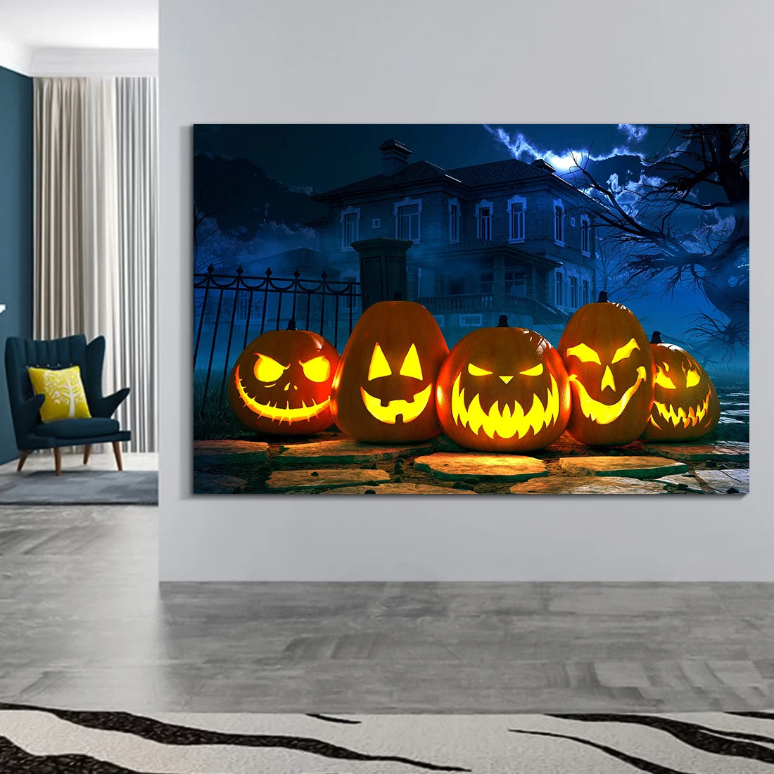 Halloween Horror Canvas Wall Art: Glowing Pumpkins & Haunted House Decor Bold Decor Perfect for Halloween Home Decor