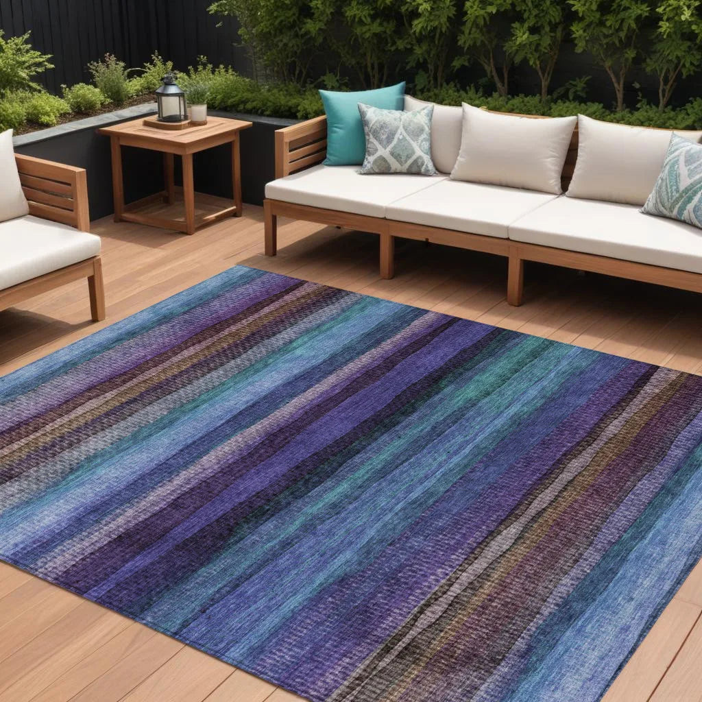 HMS 10' X 14' Striped Indoor Outdoor Area Rug Blue Purple and Taupe Washable