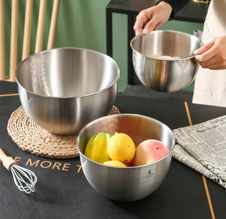 Mixing Bowl Stainless Steel with Lids Nesting Bowls with Measuring Marks for Cooking Baking Serving Silver Mixing Bowl-Set of 3