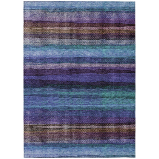 HMS 10' X 14' Striped Indoor Outdoor Area Rug Blue Purple and Taupe Washable