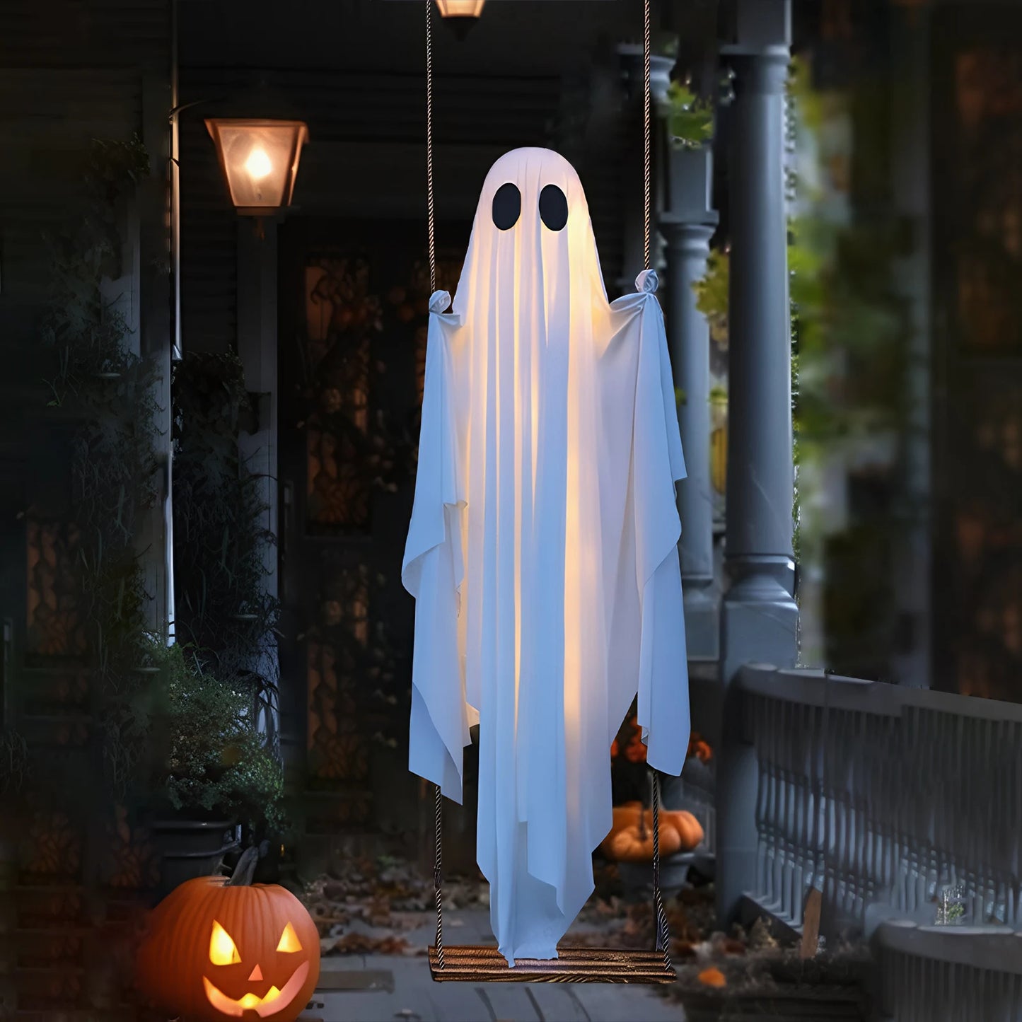 Halloween Hanging Ghosts Decorations with String Lights Scary Ghost Decor Ghost Ornaments for Tree Porch Yard Garden Lawn