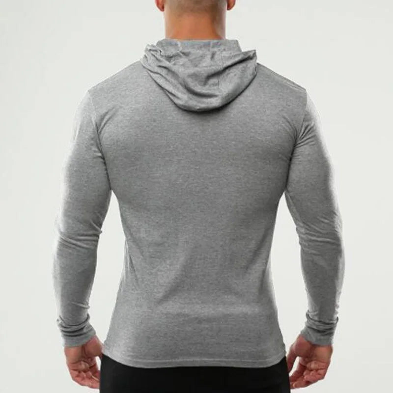 Gym Sport Workout Muscle Clothing Mens Running Long Sleeve Cotton T-Shirts Fitness Hooded Shirts Bodybuilding Slim Fit Hoodie