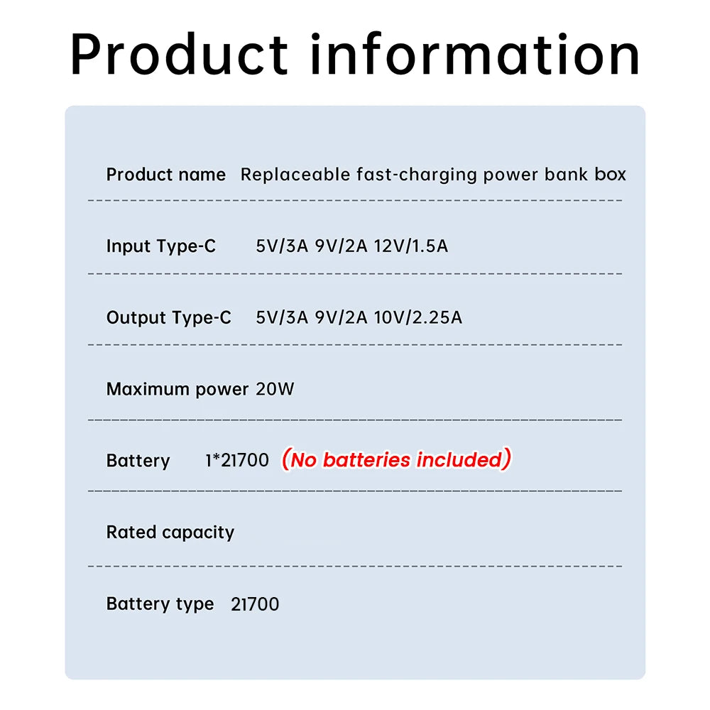 1*21700 Battery Box DIY Kit Battery Charger Case DIY Power Bank Box 20W Fast Charging For Phone Charging Not Including Batteries