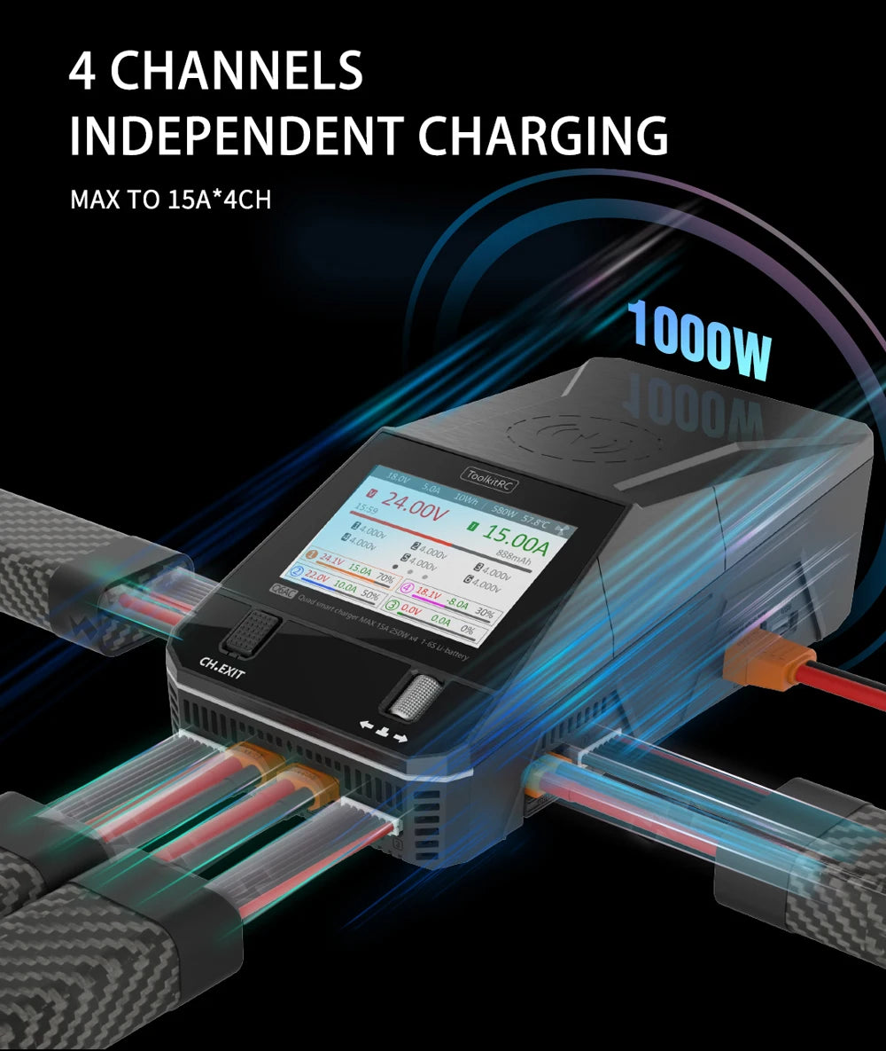 ToolkitRC Q6AC Charger AC 400W/DC 1000W 4CH output Built-in 65W USB A/TYPEC Output ,LiPo, 1-6S，NiMH 1-16S,PB 1-10S Charger IPS