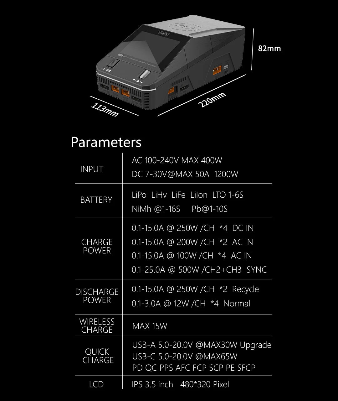 NEW ToolkitRC Q6AC Charger AC 400W/DC 1000W 4CH output Built-in 65W USB A/TYPEC Output ,LiPo, 1-6S，NiMH 1-16S,PB 1-10S Charger