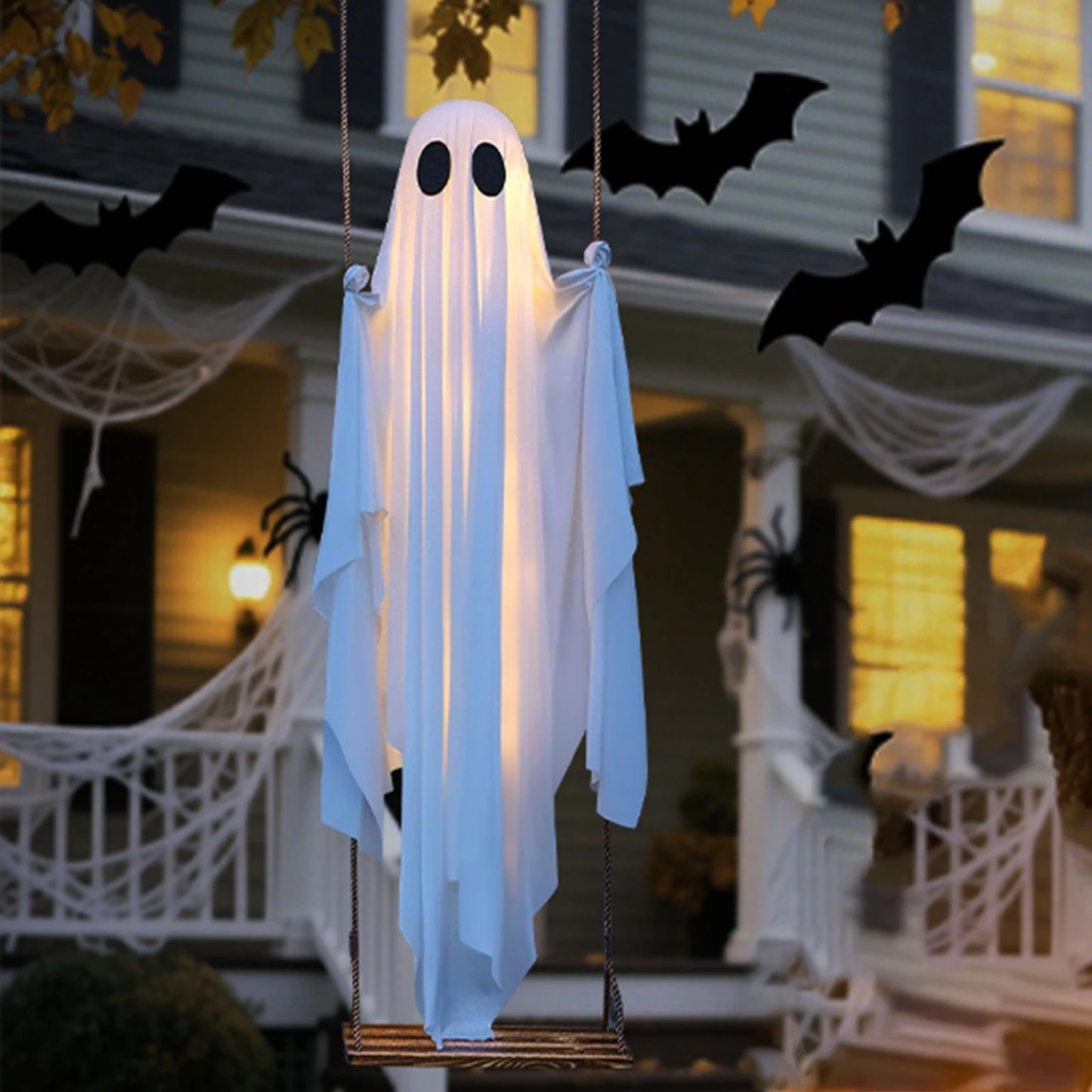 Halloween Hanging Ghosts Decorations with String Lights Scary Ghost Decor Ghost Ornaments for Tree Porch Yard Garden Lawn