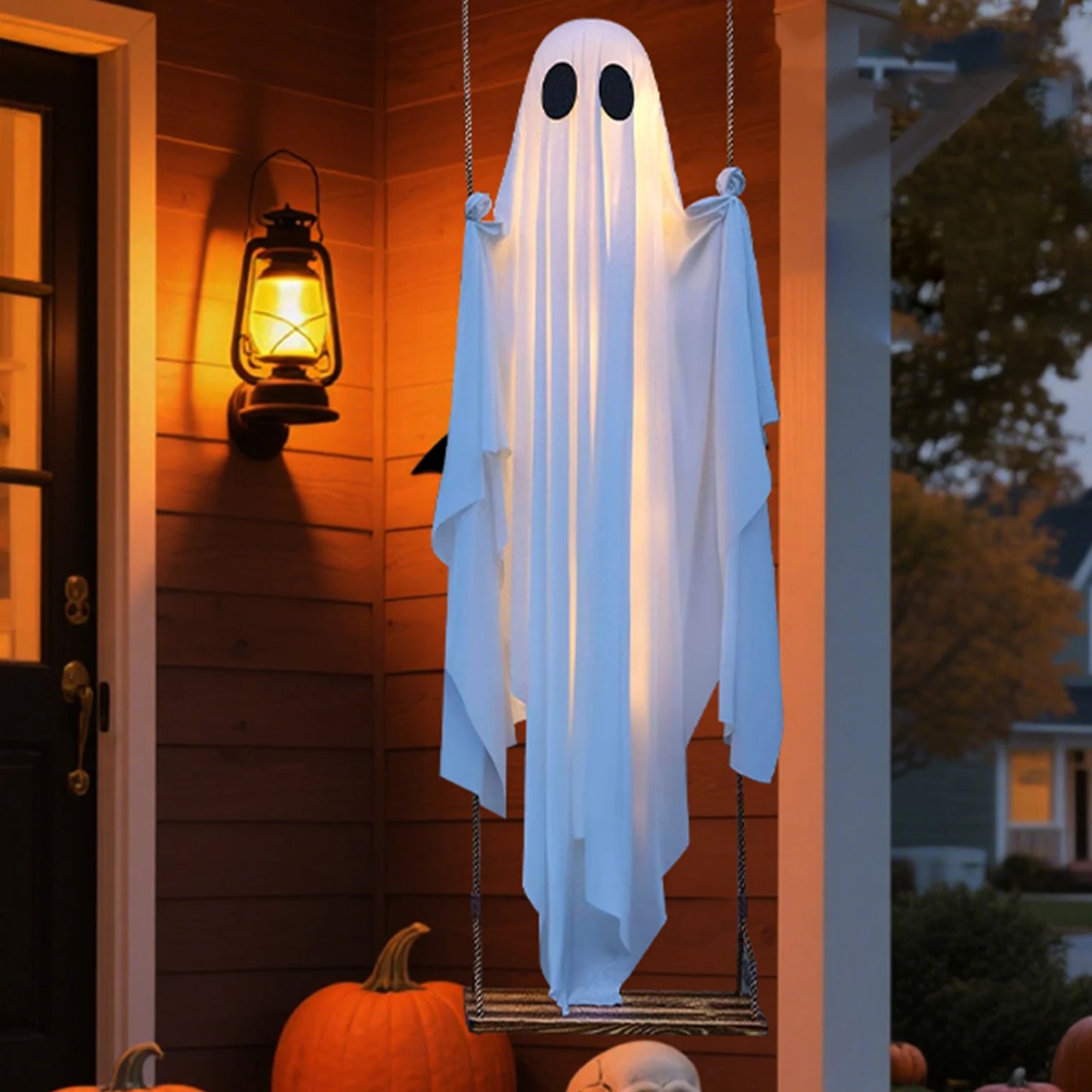 Halloween Hanging Ghosts Decorations with String Lights Scary Ghost Decor Ghost Ornaments for Tree Porch Yard Garden Lawn