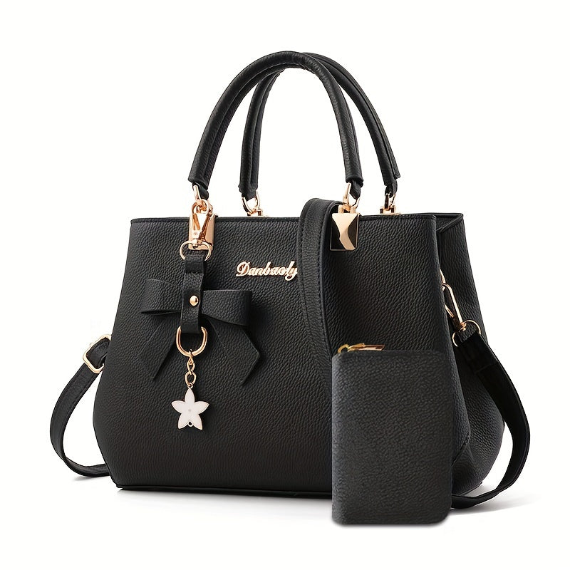 Chic Bow Decor Crossbody Bag for Women - Versatile Top Handle Satchel with Coin Purse, Adjustable Strap, and Zip Closure - Available in Khaki, Dark Pink, Light Blue, Black - Synthetic Material with Acrylic Lining, Cute Handba