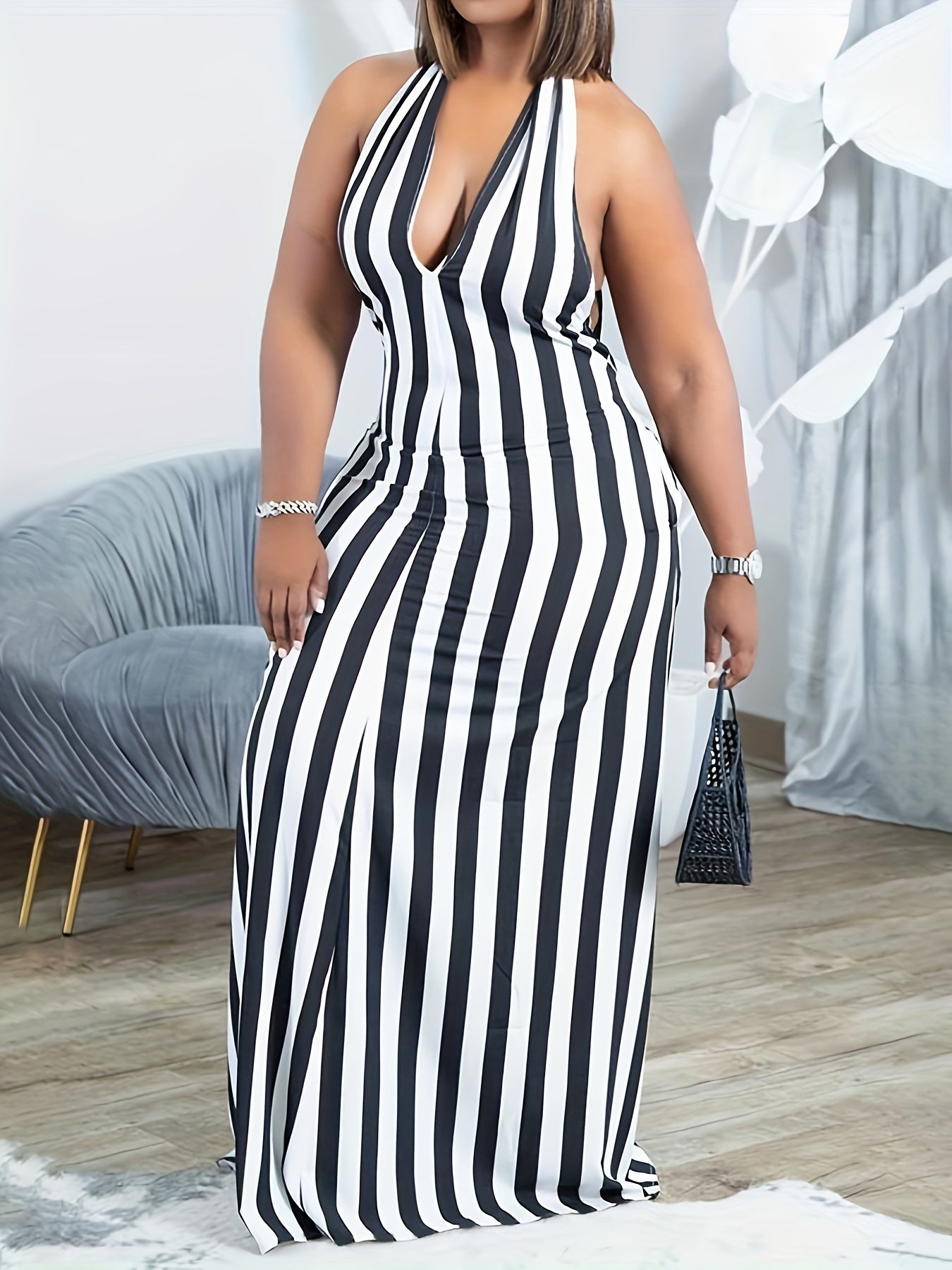 Vibrant Striped Halter Dress - Flattering V-Neck, Daring Backless Design, Chic Halter Neck Style, Perfect for Warm Weather - Womens Fashion Apparel, Stylish Clothing for Ladies, Spring and Summer Essential