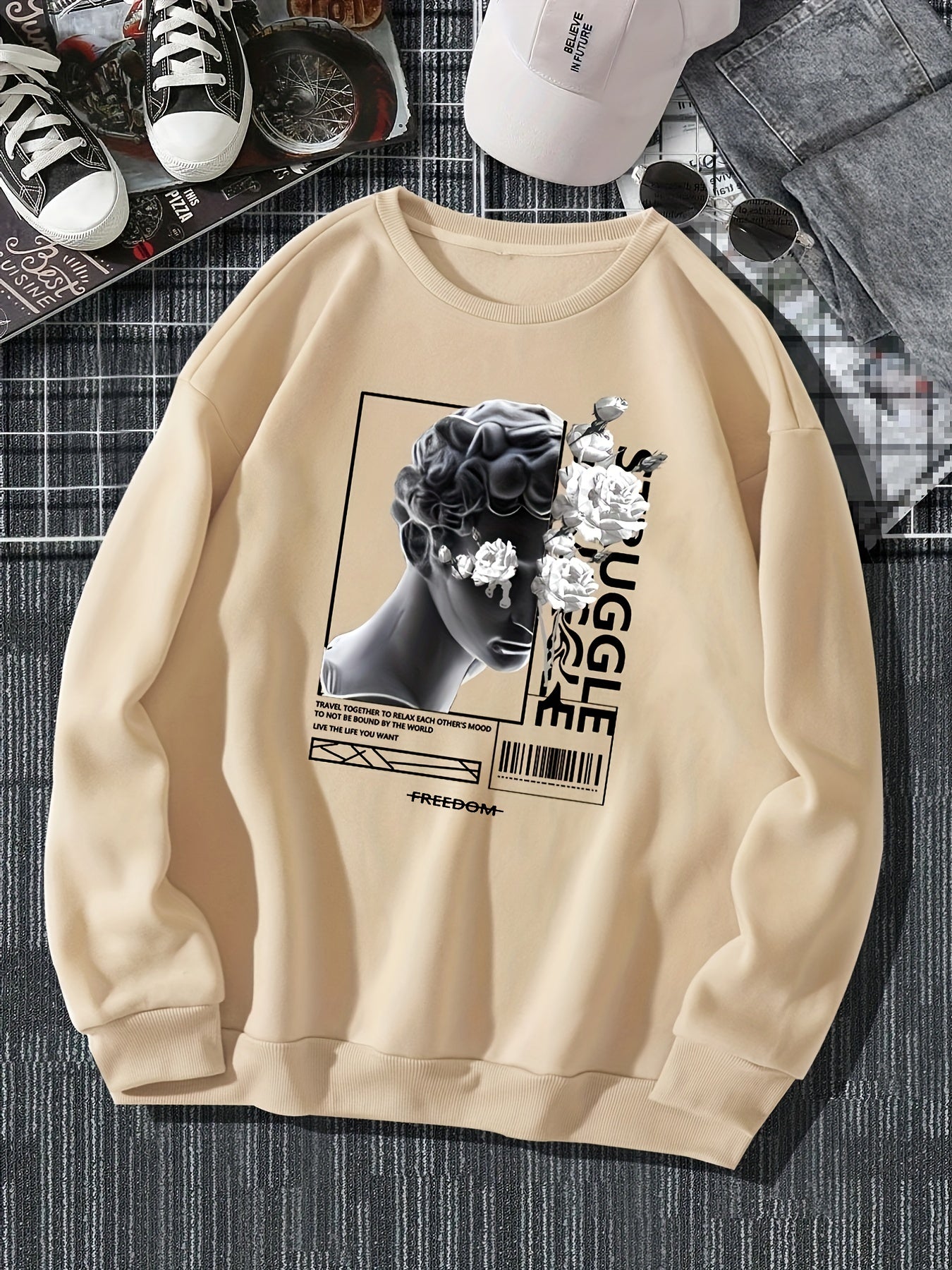 Men And Roses Print, Men's Casual Hoodie, Drawstring Pocket Hoodie
