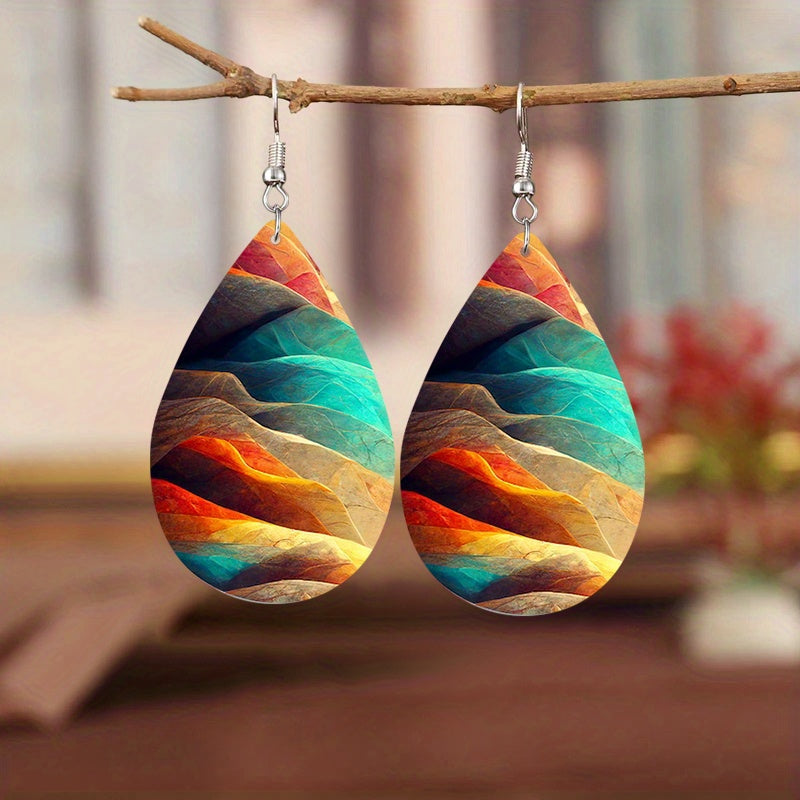 Colorful Mountain Print Teardrop Dangle Earrings Elegant Bohemian Style PU Leather Jewelry Daily Casual