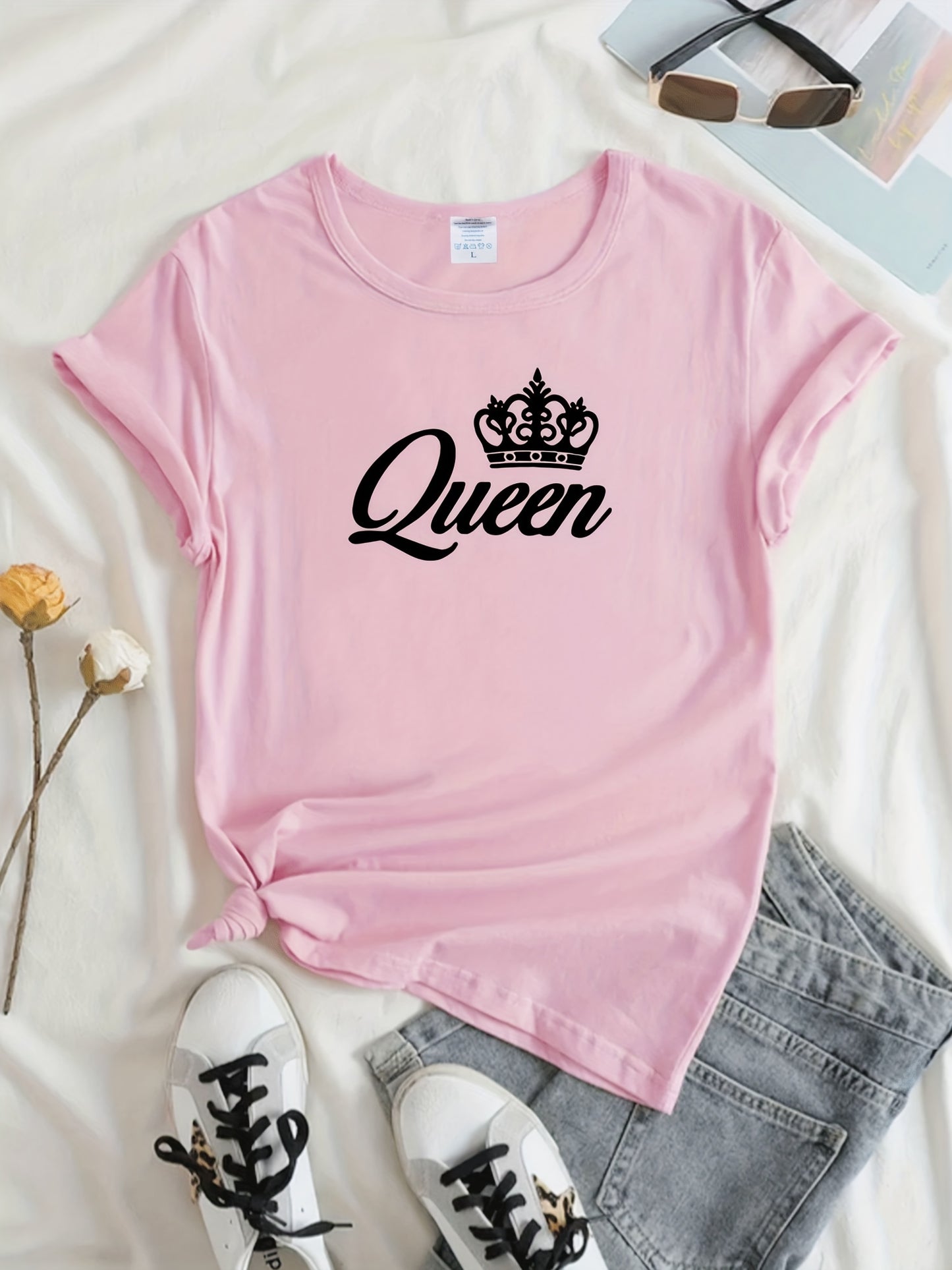 Crown Letter Print Crew Neck T-Shirt, Casual Short Sleeve T-Shirt For Spring & Summer, Women's Clothing