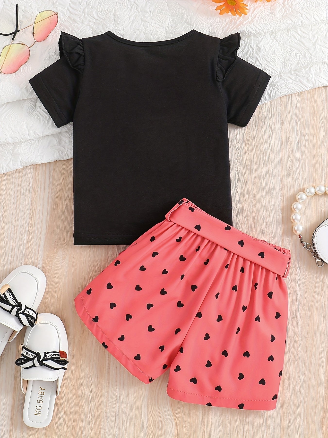 Summer Casual Round Neck Short Sleeve Printed Cat Pattern and Heart-Print Shor, Summer Outfit, Fashion, Cute Design, Playful Pattern, Soft Texture, Durable Clothing, 's Apparel, Little, 's Wear, Perfect for Outdoor