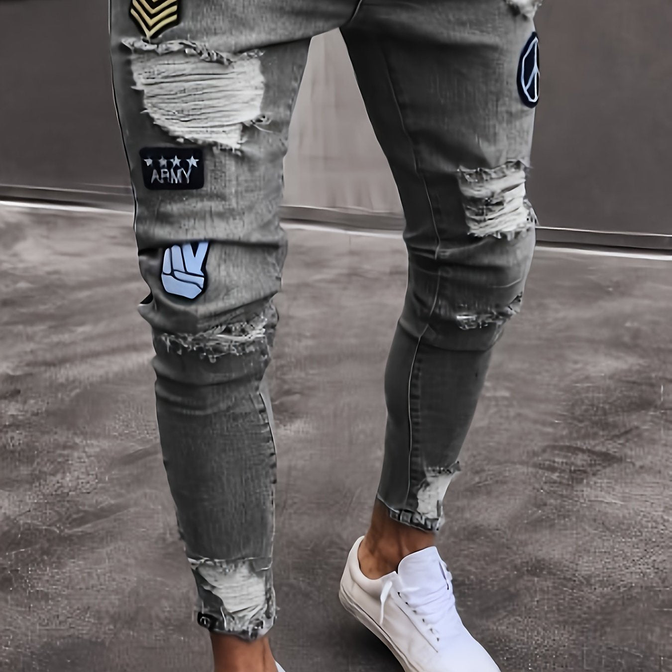 Men's Hip-Hop Style Slim Fit Stretch Denim Jeans with Distressed Details, Ripped Badge Accents - Mid-Rise, Raw Hem, Machine Washable, Grey