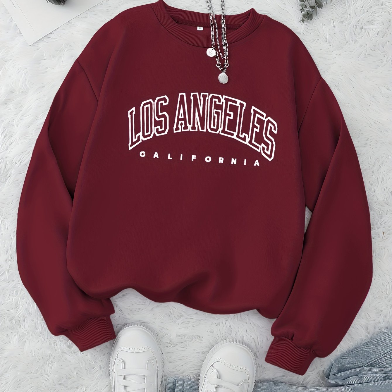 Los Angeles Print Preppy Sweatshirt, Long Sleeve Crew Neck Casual Sweatshirt For Winter & Fall, Women's Clothing