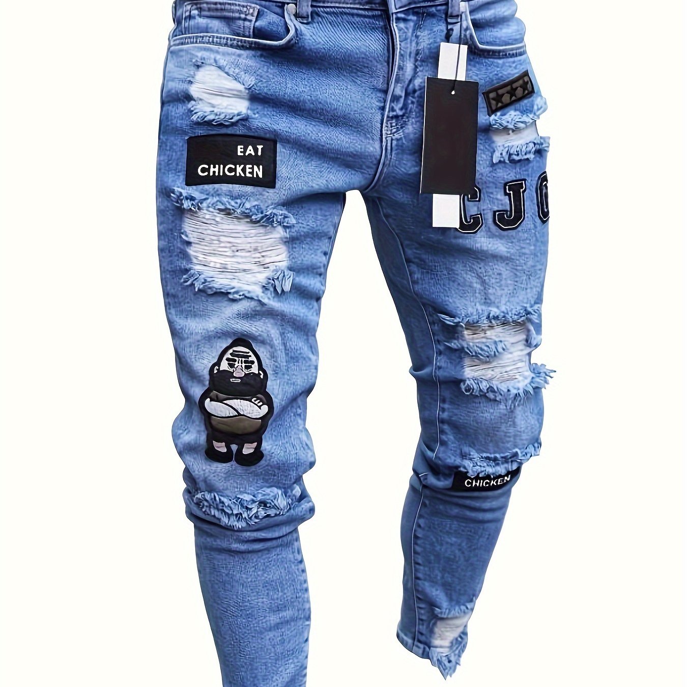 Men's Hip-Hop Style Slim Fit Stretch Denim Jeans with Distressed Details, Ripped Badge Accents - Mid-Rise, Raw Hem, Machine Washable, Grey