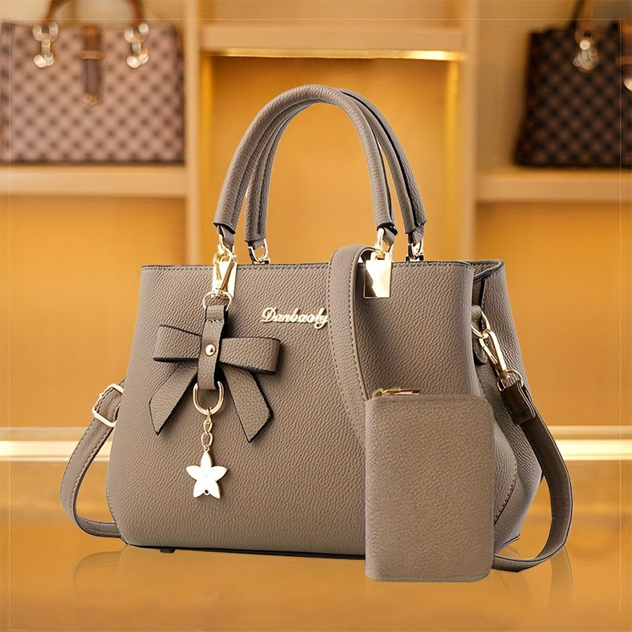 Chic Bow Decor Crossbody Bag for Women - Versatile Top Handle Satchel with Coin Purse, Adjustable Strap, and Zip Closure - Available in Khaki, Dark Pink, Light Blue, Black - Synthetic Material with Acrylic Lining, Cute Handba