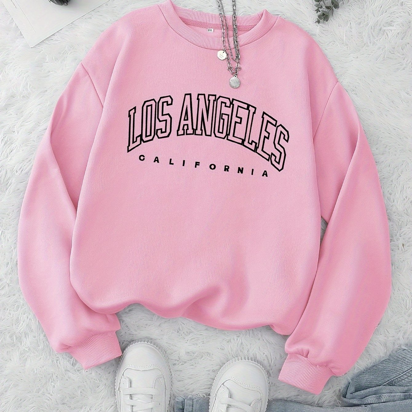 Los Angeles Print Preppy Sweatshirt, Long Sleeve Crew Neck Casual Sweatshirt For Winter & Fall, Women's Clothing