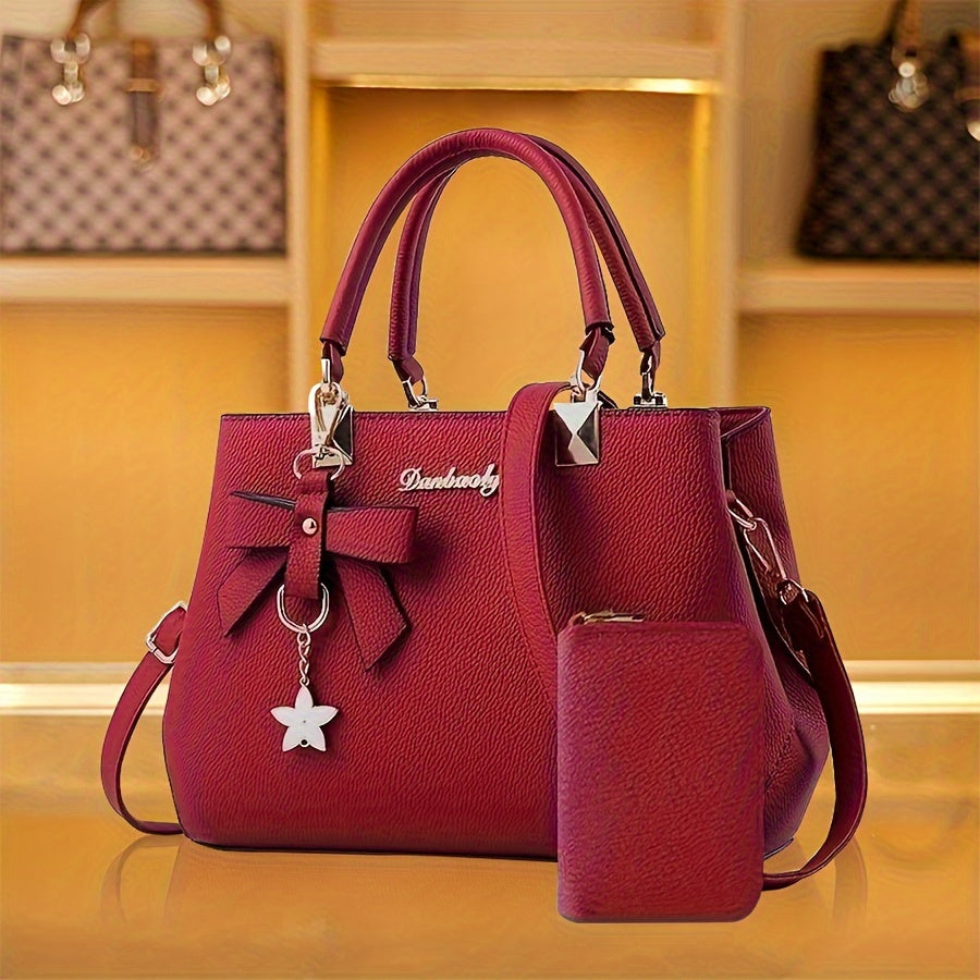 Chic Bow Decor Crossbody Bag for Women - Versatile Top Handle Satchel with Coin Purse, Adjustable Strap, and Zip Closure - Available in Khaki, Dark Pink, Light Blue, Black - Synthetic Material with Acrylic Lining, Cute Handba