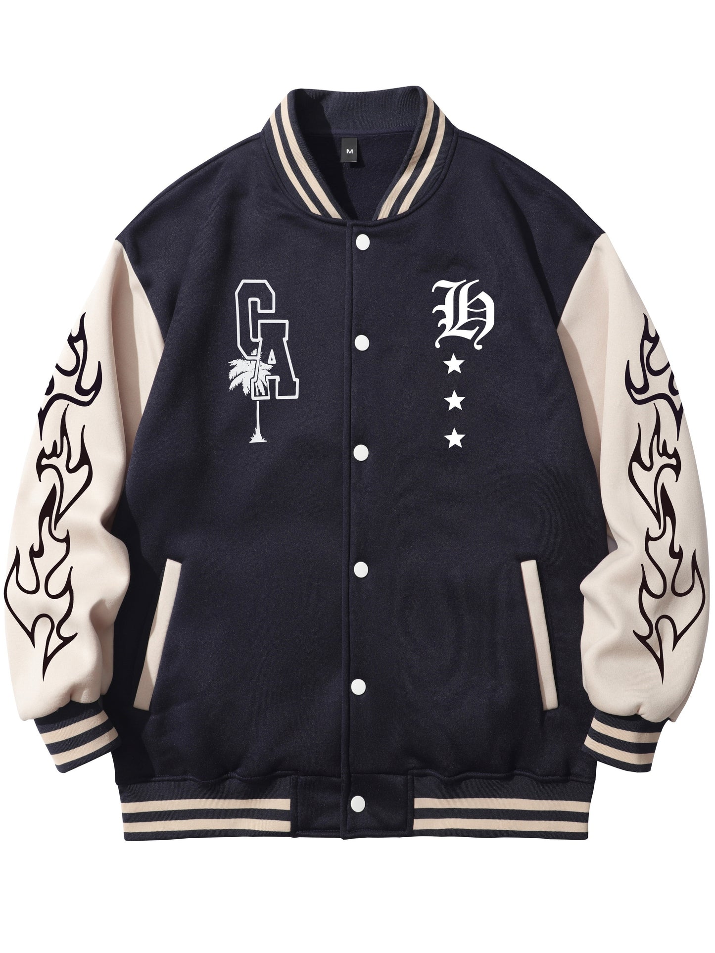 Warm Letter Print Star Pattern Embroidery Varsity Jacket, Men's Casual Color Block Button Up Jacket For Spring Fall School Baseball