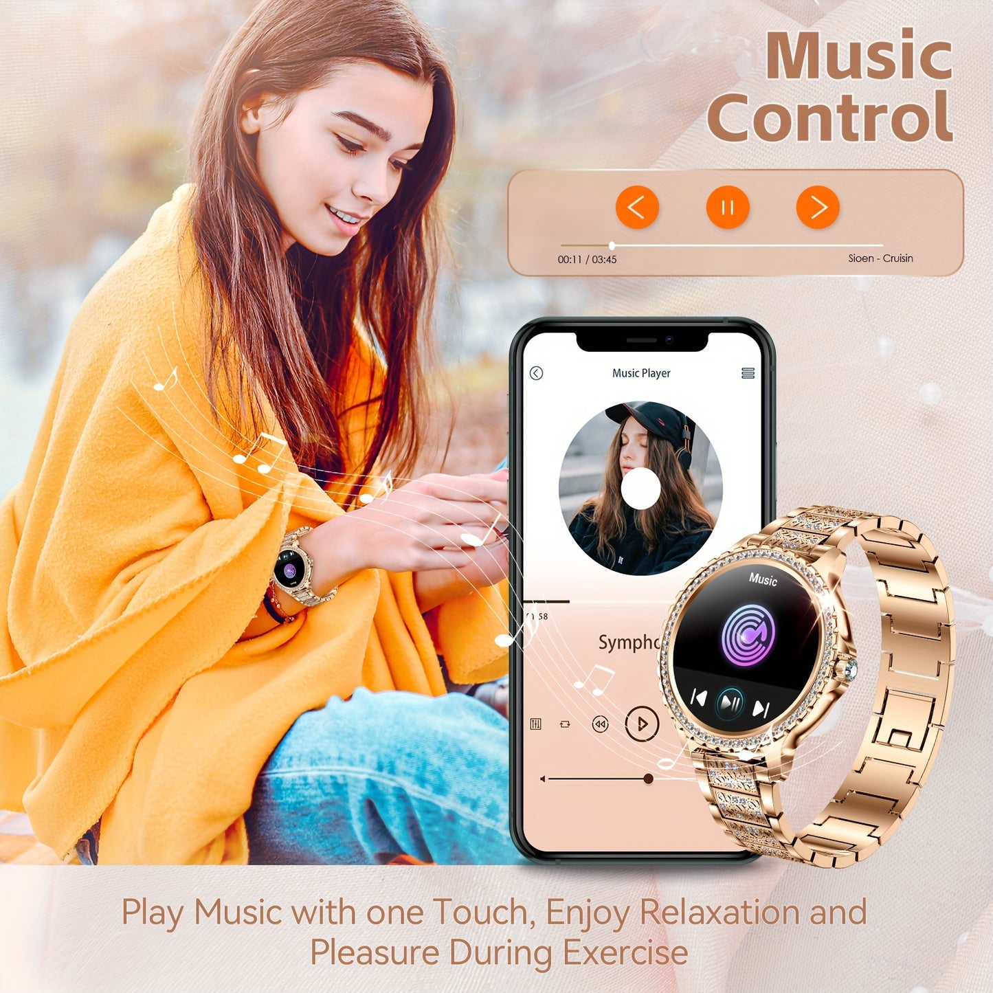 JELLOO Women'S Fashion Smart Watch - 3.35cm HD Full Touch Screen, Wireless Calls, IP68, Rechargeable Lithium Battery, Rose Golden & Pearl Accents, Perfect for iPhone & Android, Stylish Accessory|Rose Golden Watch|Lithium Batt