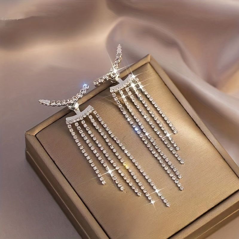 Luxurious Copper Silver Plated Tassel Dangle Earrings - Sparkling Inlaid Design, Elegant Chain Detail, Banquet-Worthy Ear Ornaments for Special Occasions - Hypoallergenic, Nickel-Free, and Durable Jewelry for Women