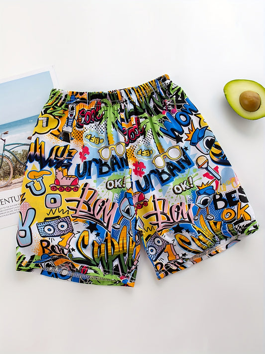 Cool Letter Print Boys Comfortable Creative Beach Shorts - Casual Quick-drying Fabric - For Summer Seaside Outdoor Activities - Perfect Gift for Boys