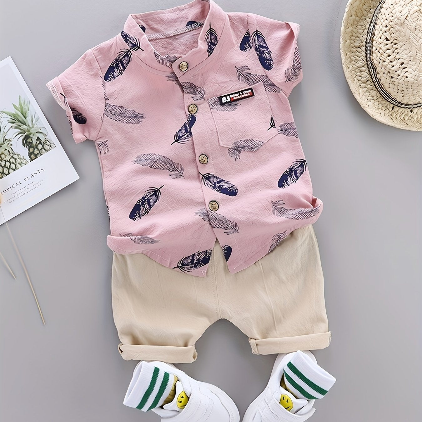 2pcs Baby Boys Casual Feather Pattern Short Sleeve Shirt & Shorts Set Clothes Outdoor Set