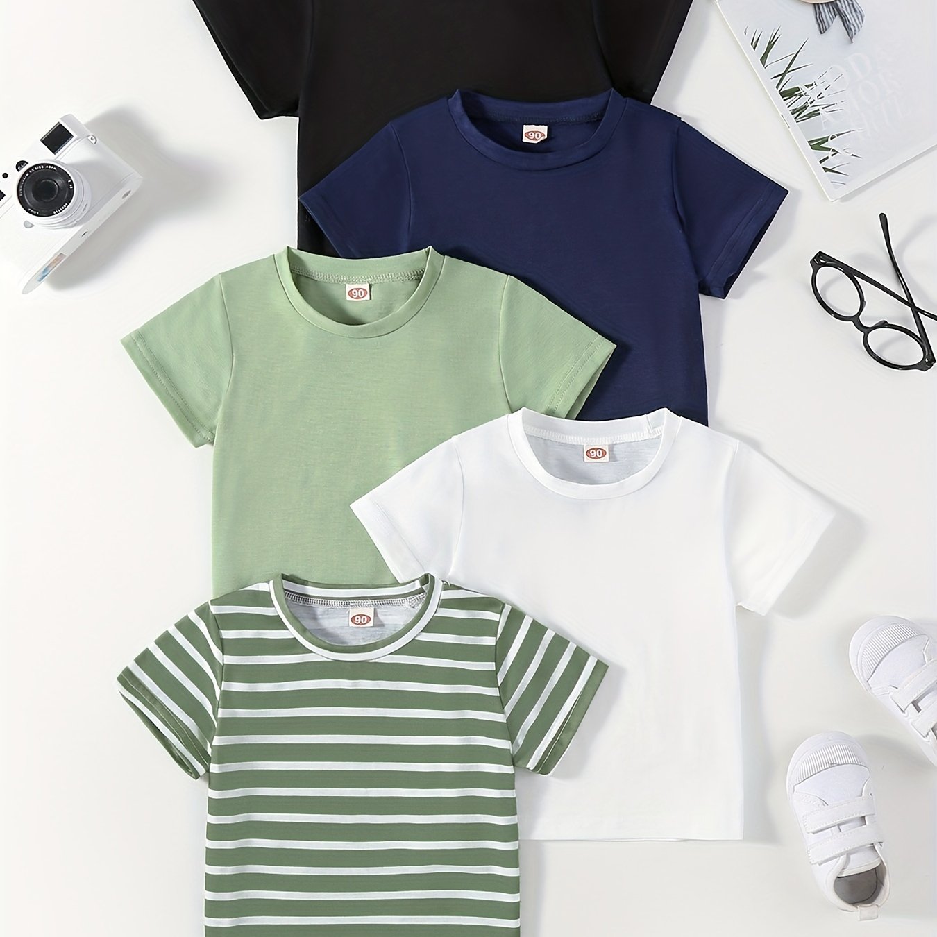 [Soft | Comfortable] 5pcs Soft & Comfortable Solid Color & Striped Round Neck T-shirt Tees Tops | Casual Boys And Girls Summer Clothes