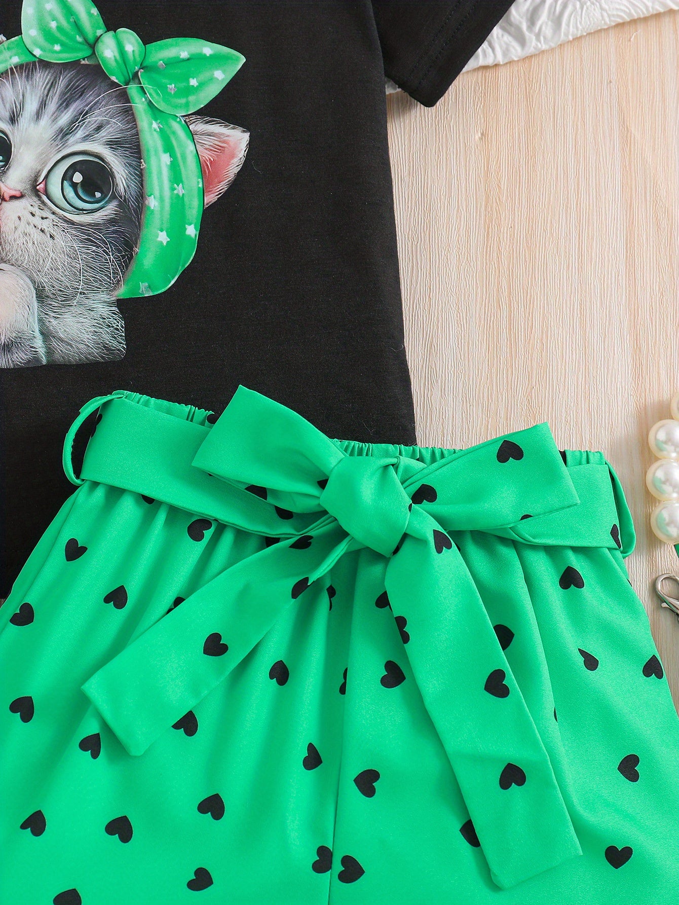 Summer Casual Round Neck Short Sleeve Printed Cat Pattern and Heart-Print Shor, Summer Outfit, Fashion, Cute Design, Playful Pattern, Soft Texture, Durable Clothing, 's Apparel, Little, 's Wear, Perfect for Outdoor
