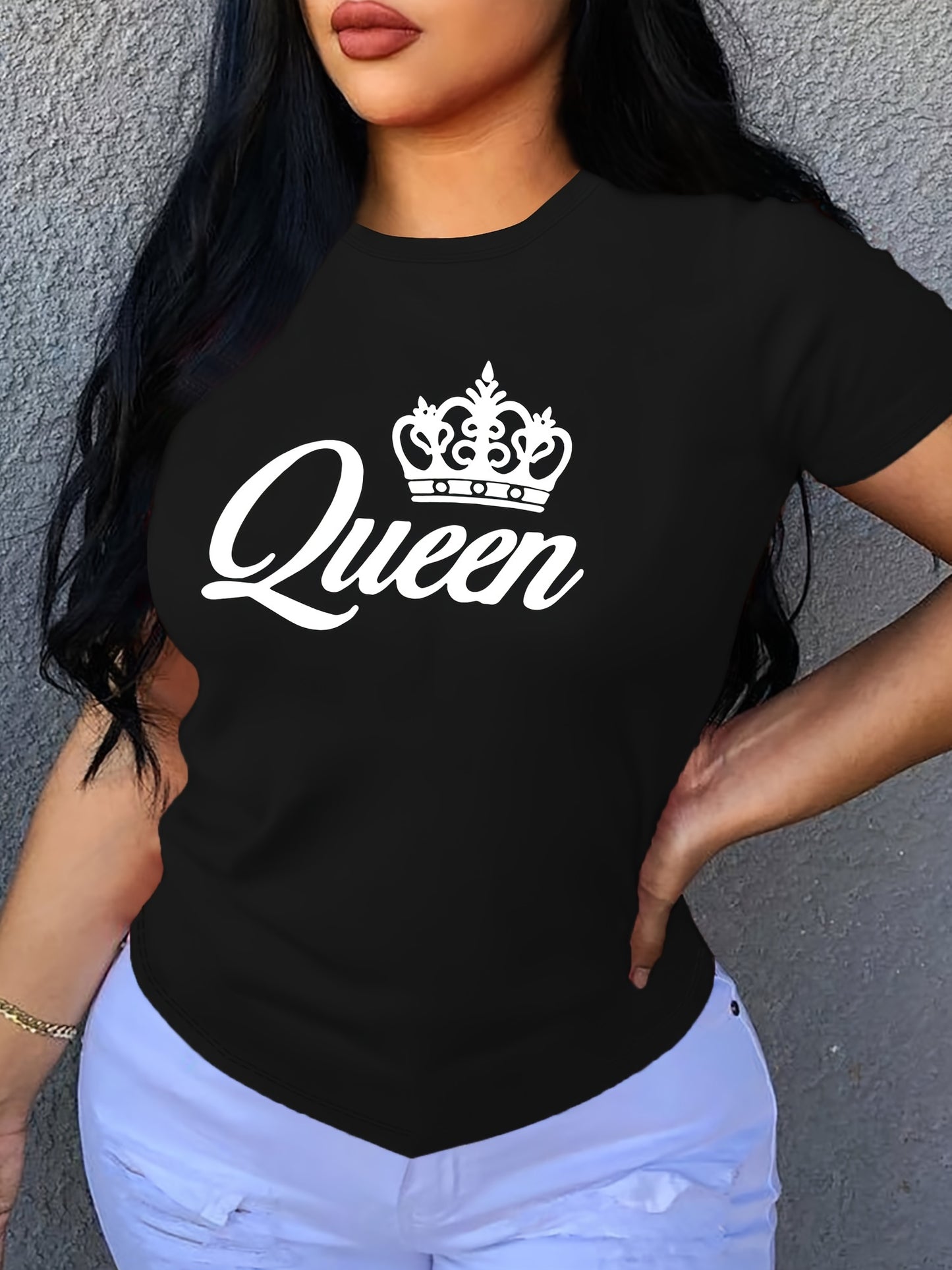 Crown Letter Print Crew Neck T-Shirt, Casual Short Sleeve T-Shirt For Spring & Summer, Women's Clothing