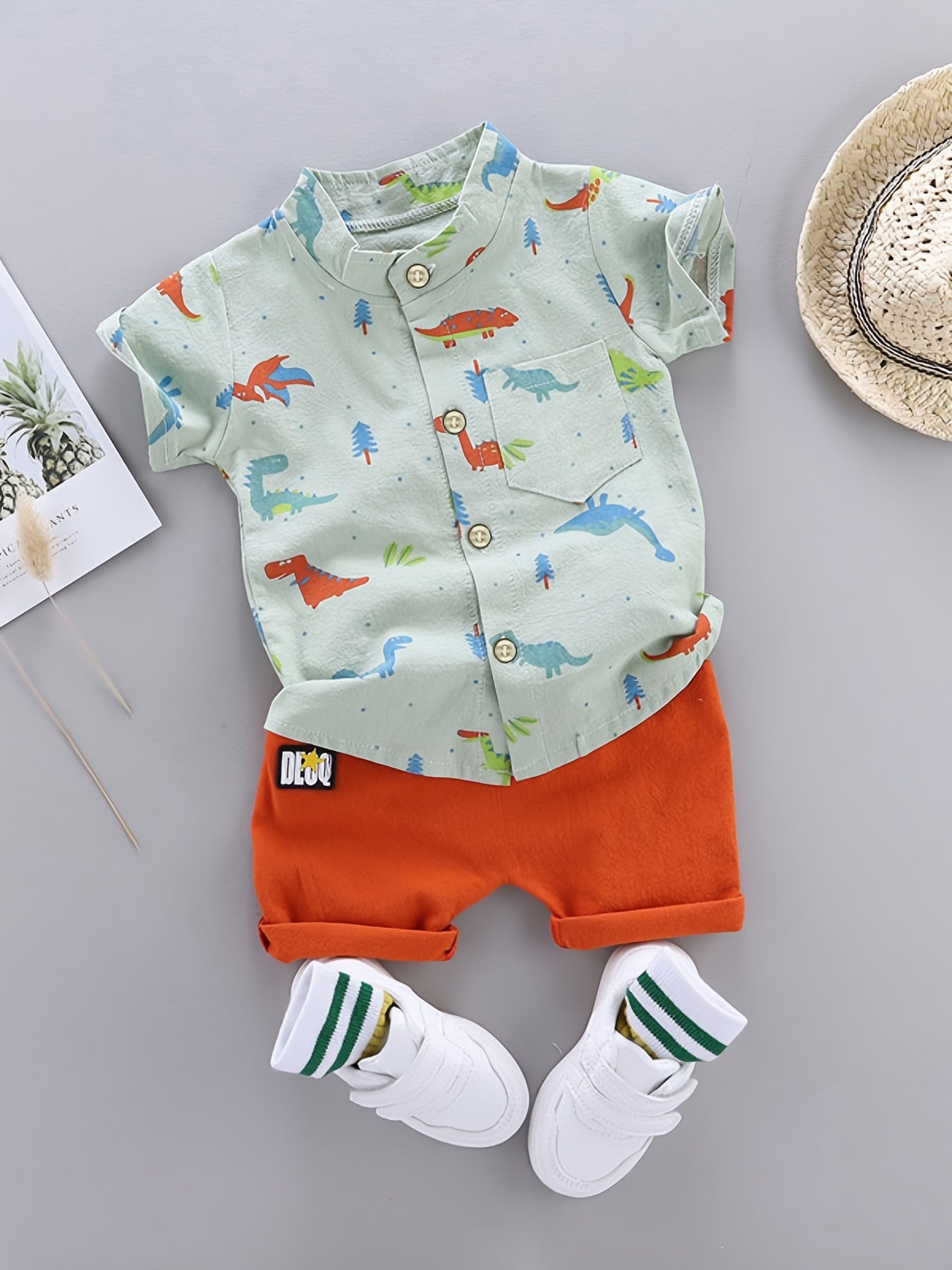 2pcs Toddler Dinosaur Print Short Sleeve Shirt & Shorts Set - Boys Summer Clothes, Elastic Waist, Button Front, Short Sets