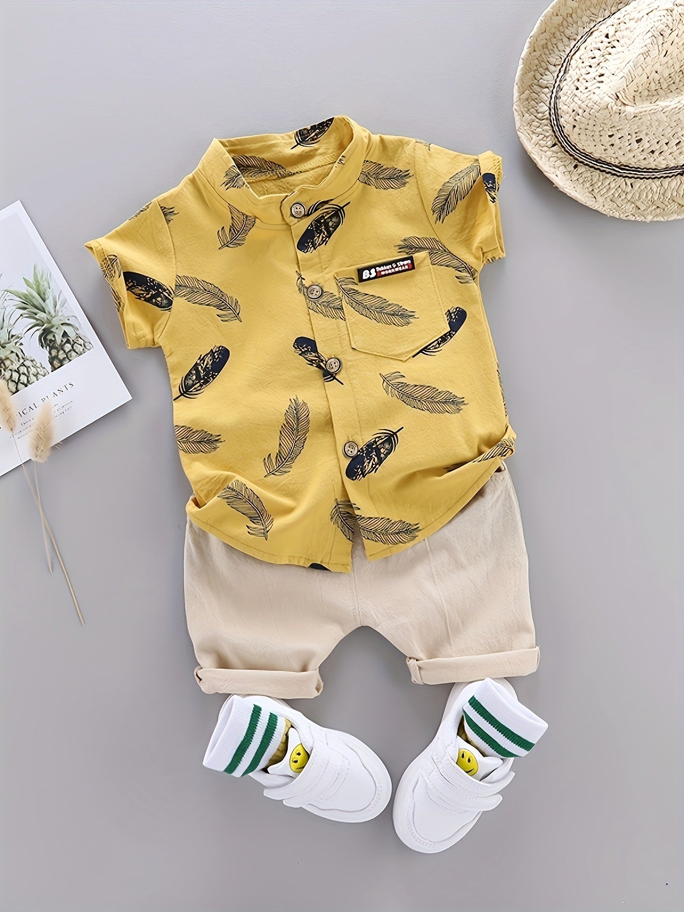 2pcs Baby Boys Casual Feather Pattern Short Sleeve Shirt & Shorts Set Clothes Outdoor Set