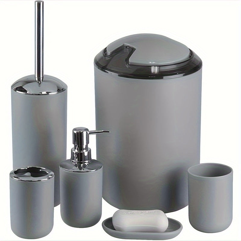 [Black Bathroom Set] 6pcs Black Bathroom Accessory Set - Plastic Soap Dispenser, Toothbrush Holder, Cup, Dish, Trash Can - No Electricity Needed, Family Gift Essentials