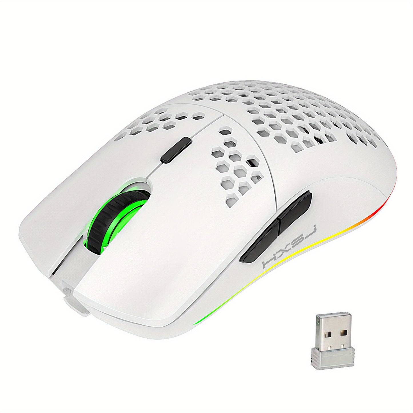 [Wireless Gaming] HXSJ 2.4G Wireless Gaming Mouse | Right-Handed | RGB Lighting, Rechargeable, Honeycomb Design | Gaming | Right-Handed Comfort | White