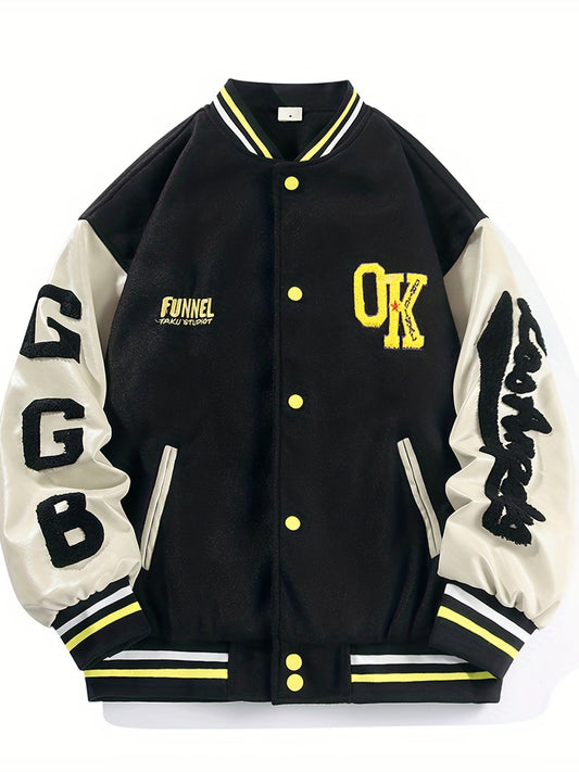 Men's Fleece College Varsity Jacket, Baseball Vintage Jacket, Casual Streetwear Coats Plus Size
