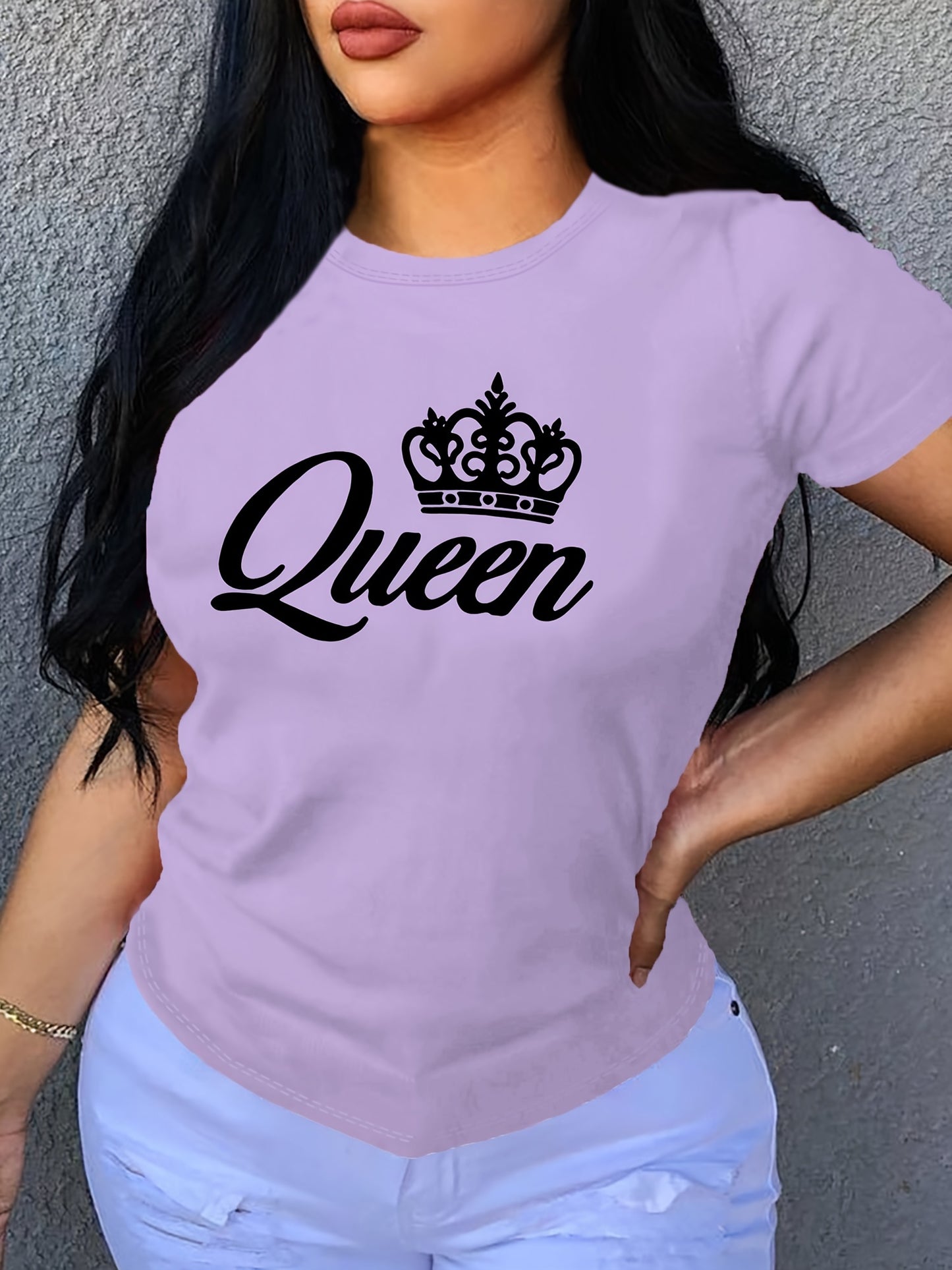 Crown Letter Print Crew Neck T-Shirt, Casual Short Sleeve T-Shirt For Spring & Summer, Women's Clothing