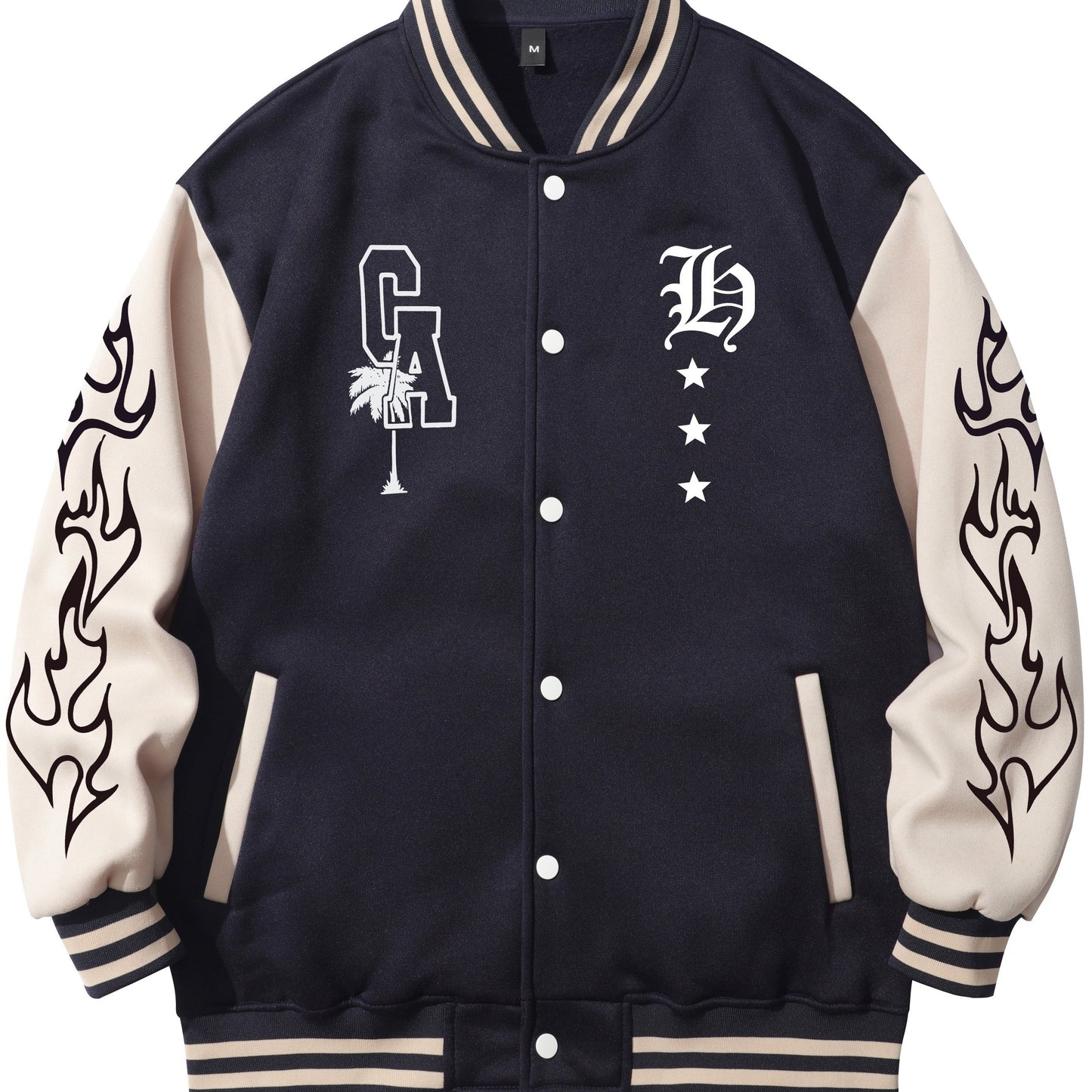 Warm Letter Print Star Pattern Embroidery Varsity Jacket, Men's Casual Color Block Button Up Jacket For Spring Fall School Baseball