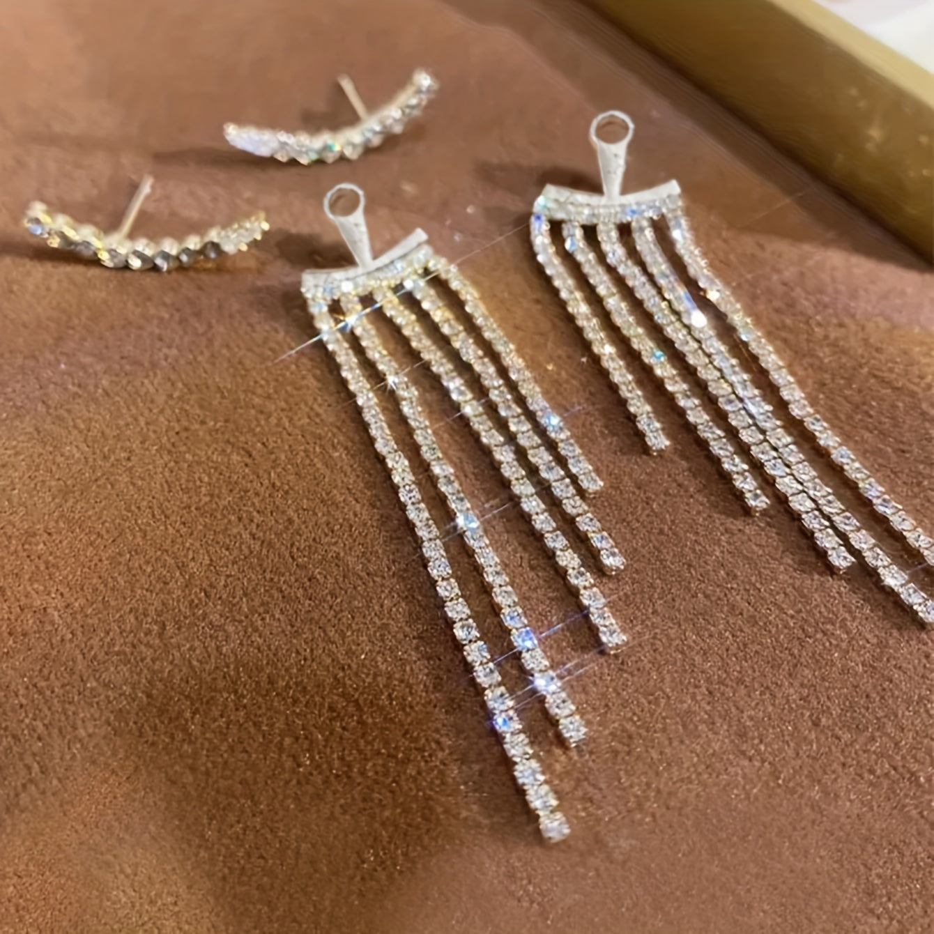 Luxurious Copper Silver Plated Tassel Dangle Earrings - Sparkling Inlaid Design, Elegant Chain Detail, Banquet-Worthy Ear Ornaments for Special Occasions - Hypoallergenic, Nickel-Free, and Durable Jewelry for Women