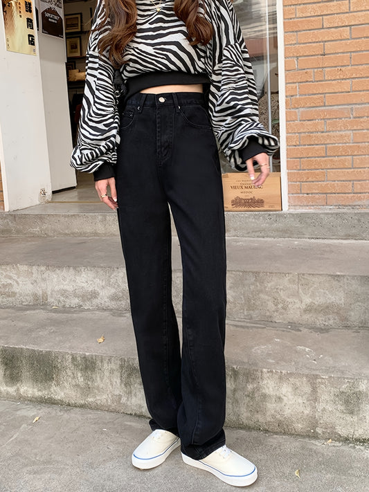 Plain High Rise High Waist Straight Jeans, Loose Fit Wide Legs Zipper Button Closure Boyfriends Jeans, Women's Denim Jeans & Clothing