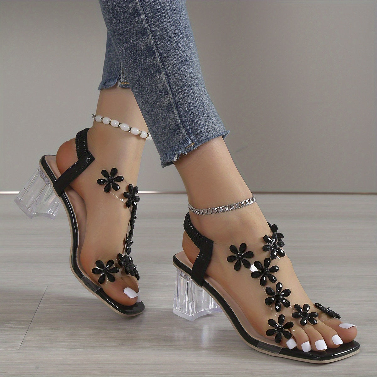 Glittering Flower Rhinestone Block Heel Sandals - Square Open Toe with Elastic Slip-On Straps - Dazzling High Heels for Versatile Fashion