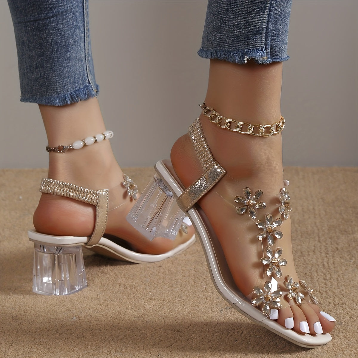 Glittering Flower Rhinestone Block Heel Sandals - Square Open Toe with Elastic Slip-On Straps - Dazzling High Heels for Versatile Fashion