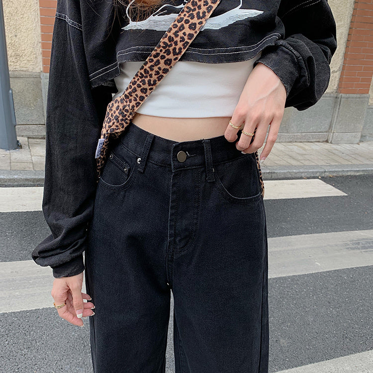 Plain High Rise High Waist Straight Jeans, Loose Fit Wide Legs Zipper Button Closure Boyfriends Jeans, Women's Denim Jeans & Clothing