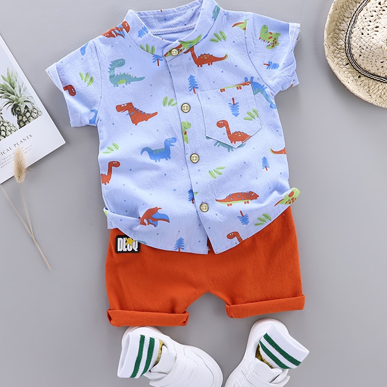 2pcs Toddler Dinosaur Print Short Sleeve Shirt & Shorts Set - Boys Summer Clothes, Elastic Waist, Button Front, Short Sets