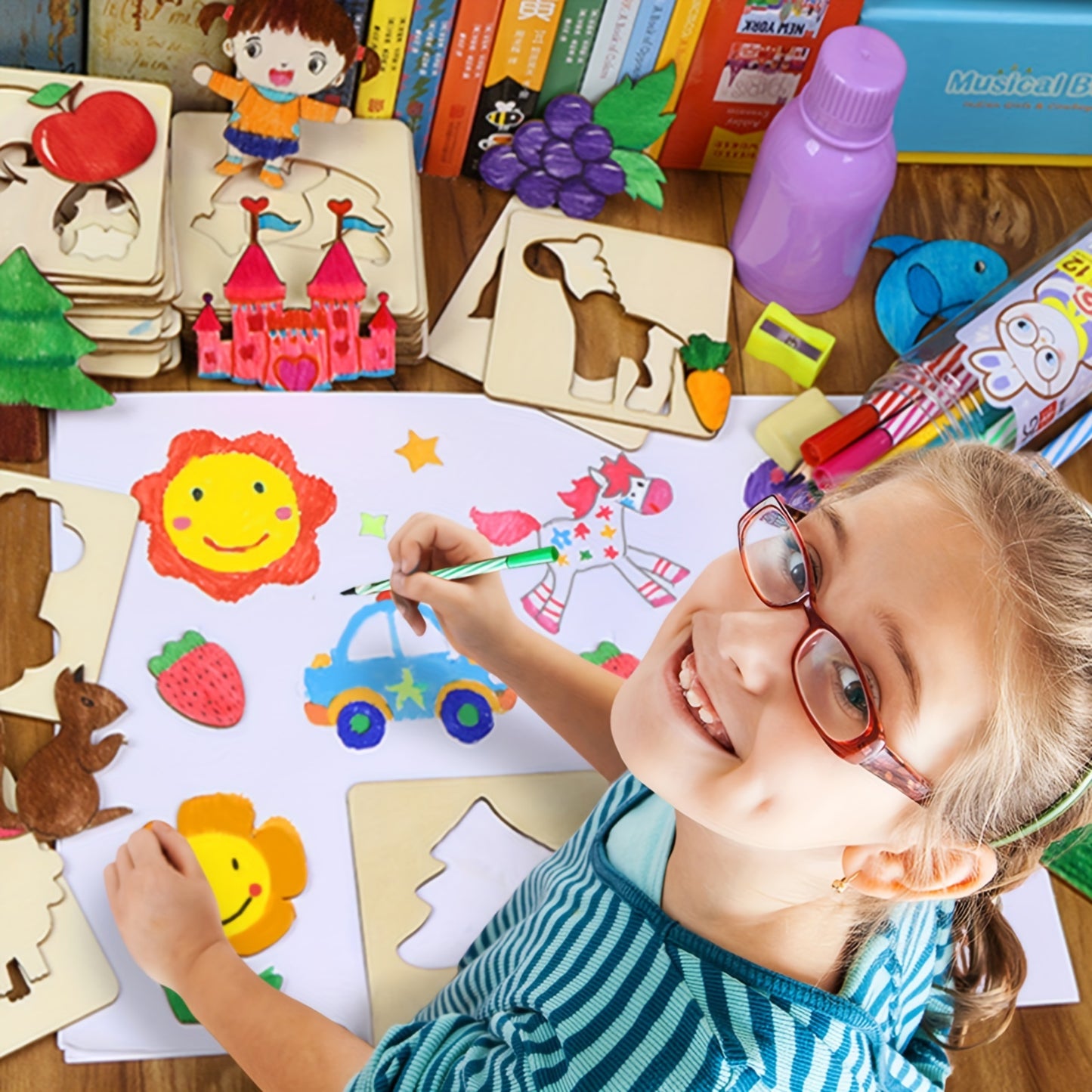 20pcs Wooden Drawing Stencils Kit, Drawing Board Toys Coloring Puzzle Arts Crafts Set, Educational Toys halloween christmas gift