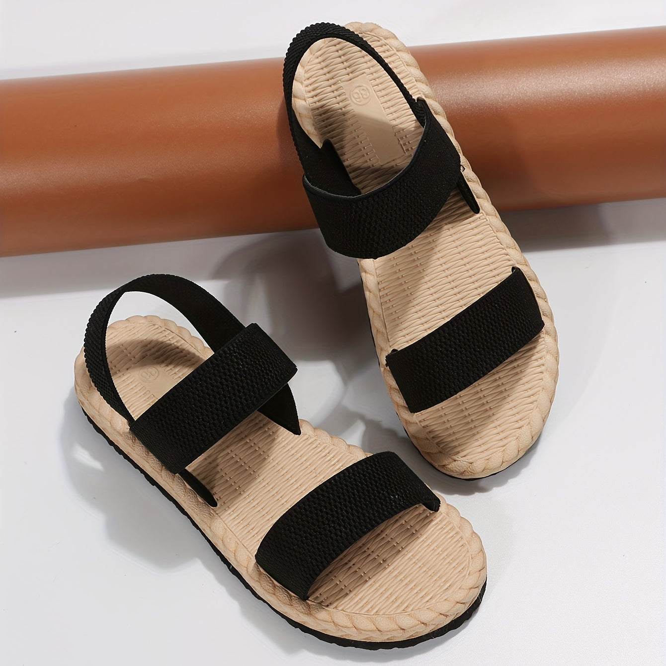 Womens Elastic Ankle Strap Flat Sandals - Vibrant Solid Colors, Open Toe Design, Slip On Closure, Faux Espadrille Upper - Perfect for Outdoor Activities and Beach Trips, Designed for the Modern Woman