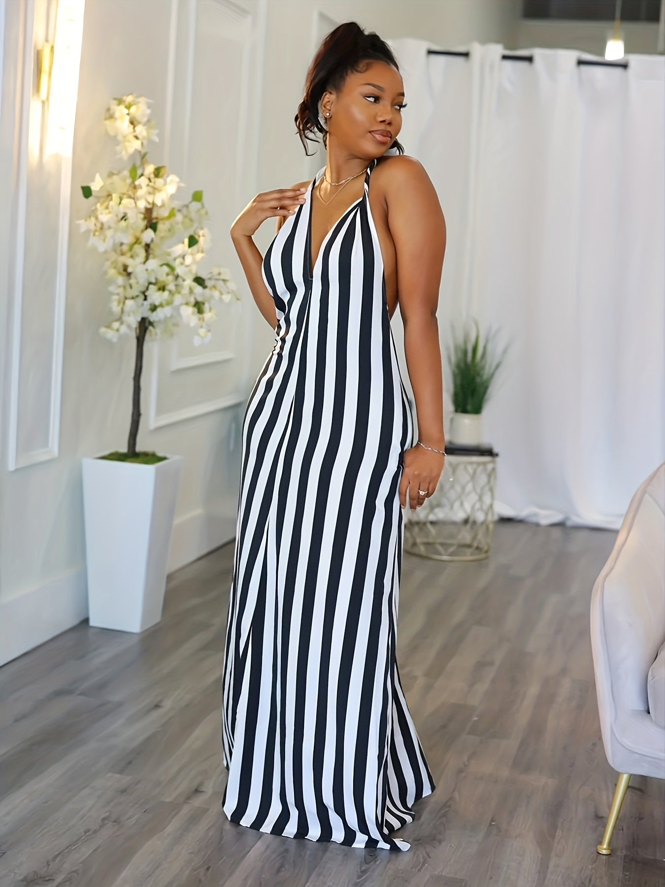 Vibrant Striped Halter Dress - Flattering V-Neck, Daring Backless Design, Chic Halter Neck Style, Perfect for Warm Weather - Womens Fashion Apparel, Stylish Clothing for Ladies, Spring and Summer Essential