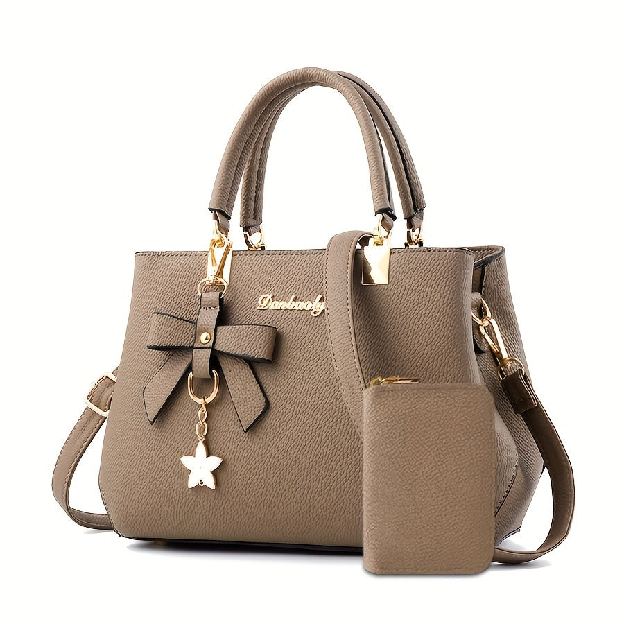 Chic Bow Decor Crossbody Bag for Women - Versatile Top Handle Satchel with Coin Purse, Adjustable Strap, and Zip Closure - Available in Khaki, Dark Pink, Light Blue, Black - Synthetic Material with Acrylic Lining, Cute Handba